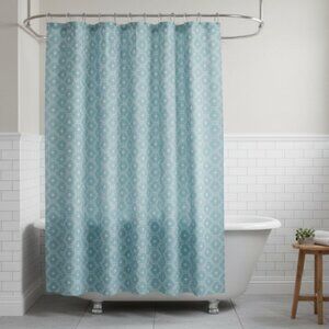 Comfort Bay 13-Piece Shower Liner Set – Teal Geometric Pattern w 12 Hooks, PEVA